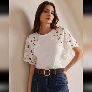 BNWT White Cut Out Decorative Sleeve White Tee Shirt